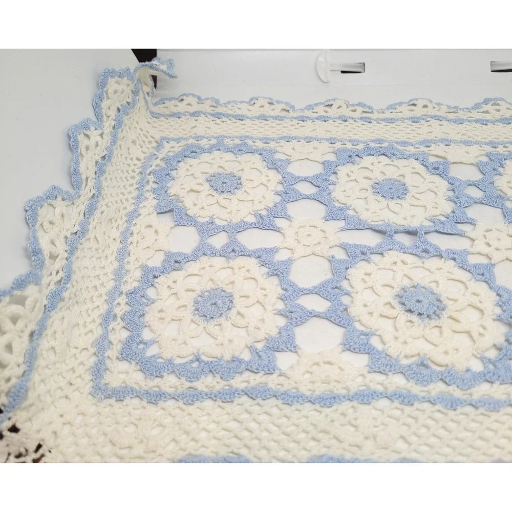 Vintage Set of 3 Crocheted Table Runner Placemat Potholder Blue White